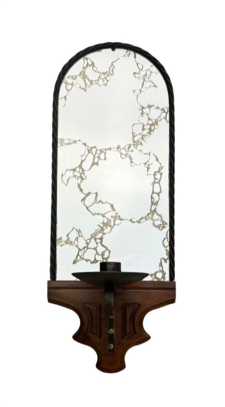 Vintage MCM Iron & Wood Wall Sconce Candlestick Holder, Gold Vein Mirror
